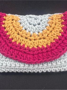 Handmade Crocheted Women's Clutch Bag in Pink, Yellow & Gray